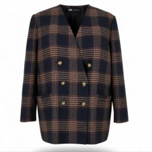 Le Suit Blazer Size 22 Wool Blend Brown Black Glen Plaid Double Breasted Long